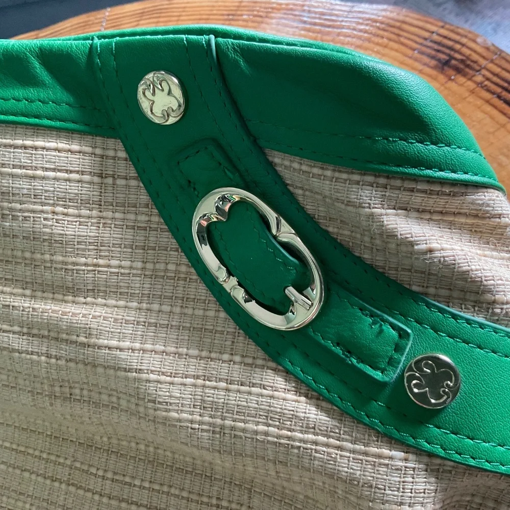 Emma Fox Newport Green Leather & Natural Woven Linen Blend Crossbody Satchel Bag